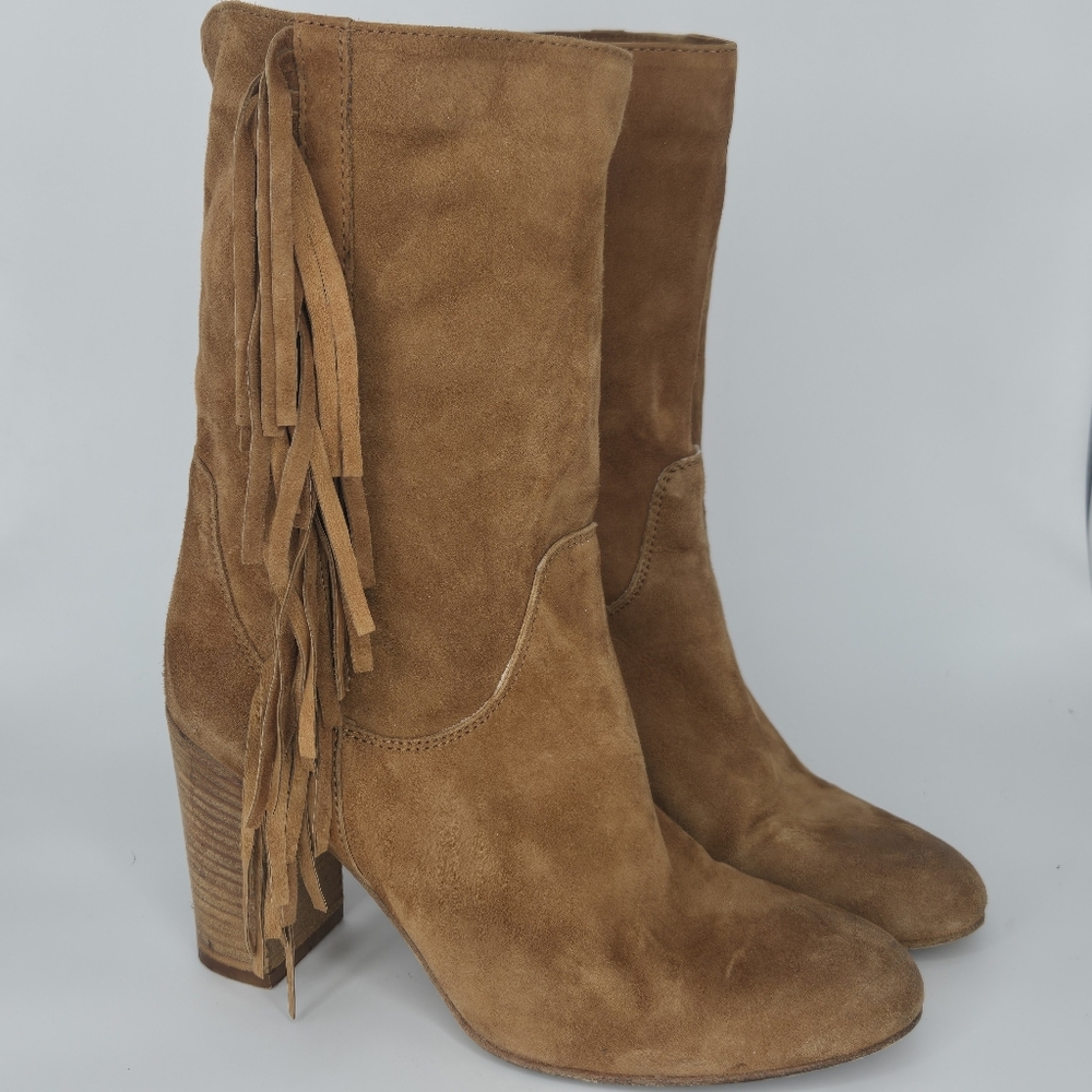 Free People Wild Rose Slouch Suede Boot Fringe Cognac Tan Brown Size 37 US 7 - Picture 2 of 10